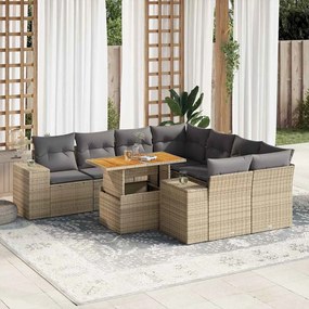 Set divano da giardino 9 pz con cuscini beige in polyrattan