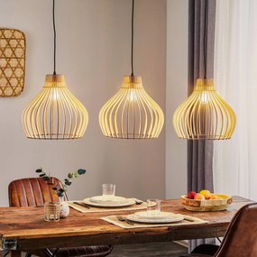 TEMAR LIGHTING Lampada a sospensione Barrel con paralumi in legno, a 3 luci, lunga
