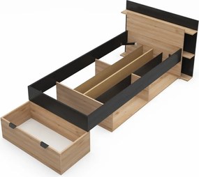 Letto singolo effetto rovere con contenitore senza griglia in colore nero-naturale 90x200 cm Albo - Marckeric