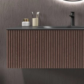Kamalu - Mobile bagno sospeso 120cm rovere effetto cannettato con lavabo nero KDS-120L