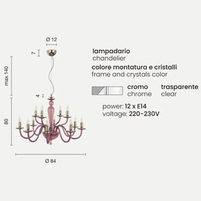 Lampada a sospensione PAGANINI a 12 LUCI in vetro lavorato a mano CROMO