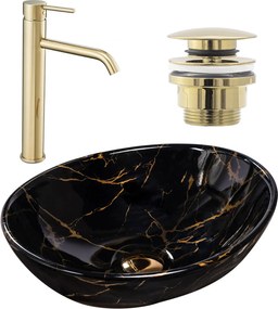 Set Lavabo da appoggio Sofia marble black + Rubinetto da bagno Lungo gold + Tappo gold