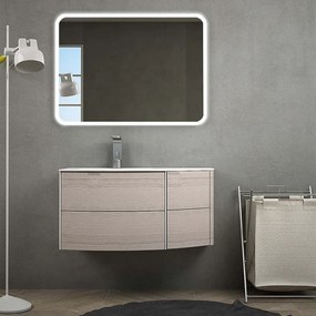 Mobile per bagno sospeso 60 cm Rovere sbiancato design curvo asimmetrico modello Rio con specchio led, lavabo a sinistra