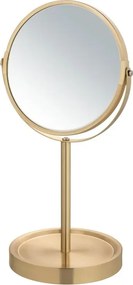 Specchio trucco da appoggio 35H in acciaio oro opaco con ingrandimento 3x e base portaoggetti