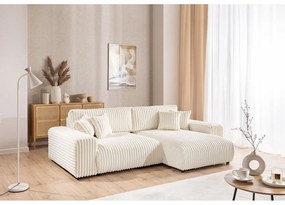 Divano angolare con penisola a destra color crema e rivestimento in velluto a coste allungabile e con contenitore Sarina – Ropez