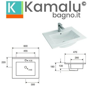 Kamalu - mobiletto bagno 60 cm lavabo incasso e due cassetti nel-60