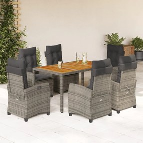 Set da pranzo da giardino 7 pz con cuscini in polyrattan grigio