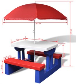 Tavolo e panchine picnic per bambini con parasole multicolore