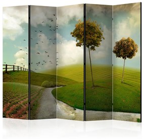 Paravento Autunno - Paesaggio II - Paesaggio di campi e alberi con cielo