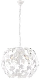 Lampadario Shabby Edera 3 Luci Ferro Battuto Bianco Con Foglie E Cristalli