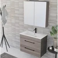 Composizione bagno sospesa Smack a 2 cassetti 80x62 con lavabo, specchio con lampada LED olmo naturale e cemento