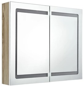 Armadietto bagno con specchio e led bianco e rovere 80x12x68 cm