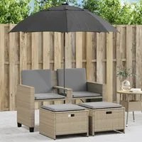 Divano Giardino 2Posti Ombrellone e Sgabelli Beige Polyrattan 365887