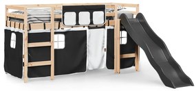 Letto a soppalco bambini con tende bianco e nero 90x190 cm pino