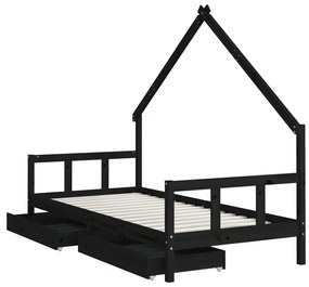Giroletto bambini con cassetti nero 90x200cm massello di pino