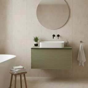 Base portalavabo Pixel 1 cassetto con frontale stripes laccato opaco verde salvia e maniglia alluminio nero opaco L80 x H40 x P45,5 cm