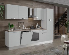 Cucina montata Dora bianco spatolato, lavello a sinistra, L 300 cm, completa di: cappa a camino, piano cottura a gas, forno, frigorifero e lavastoviglie