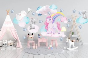 Adesivo murale per ragazze unicorno e coniglietti nel cielo 100 x 200 cm