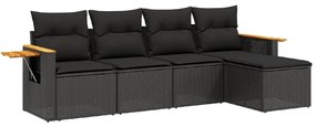 Set divani da giardino 5 pz con cuscini in polyrattan nero