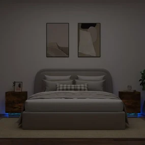 Comodini con luci led 2pz rovere fumo in legno multistrato
