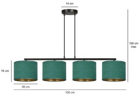 Lampadario 4 Luci Hilde In Acciaio Nero E Paralumi In Tessuto Verde