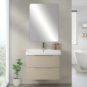 Mobile bagno sospeso 80cm beige cannettato con cassetti, specchio e lavabo Mia