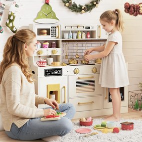Costway Cucina giocattolo per bambini con fornelli luci suoni rubinetto lavandino, Microonde cappa forno lavastoviglie set in legno per 3+ anni