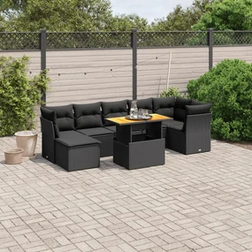 Set divani da giardino con cuscini 8 pz nero in polyrattan