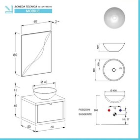 Mobile bagno sospeso 60 cm rovere miele Master lavabo 40 e specchio