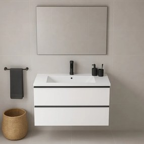 Mobile da bagno sospeso sotto lavabo L 99.5 x H 40 x P 45.5 cm bianco laccato opaco, 2 cassetti Fusion