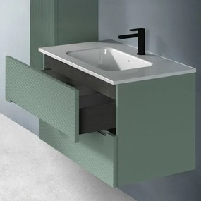 Mobile bagno sospeso 80 verde cannettato 2 cassetti lavabo e specchio Rigo