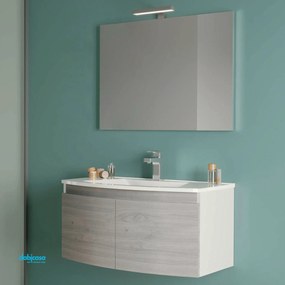 Mobile Bagno Sospeso "Giulia" Da 80 Cm Composto Da Due Ante Lavabo E Specchio Con Lampada Led Finitura Bianco Lucido/Legno Nordico