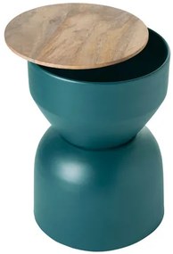 Tavolino da caffè rotondo design con struttura in metallo blu anatra e legno massello di mango D30 cm YOYO