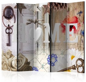 Paravento design Casa: Memorie incantate (5-parti) - collage e scritte su sfondo