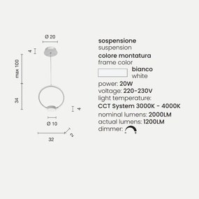 Lampada a sospensione Led OMEGA in metallo verniciato Bianco D32 cm