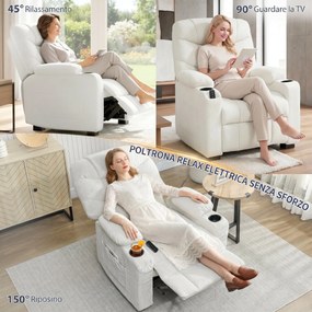 Poltrona Relax Elettrica 94x90x105 cm Reclinabile 150° con Poggiapiedi Funzione Memory Telecomando in Velluto Crema...