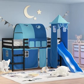 Letto A Soppalco Con Torre Bambini Blu 90x190cm Massello Pino /