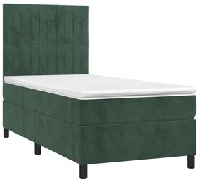 Letto a molle con materasso e led verde scuro 90x200cm velluto