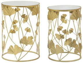 Set 2 tavolini con top in vetro e struttura dorata ricamo a foglie Leavy
