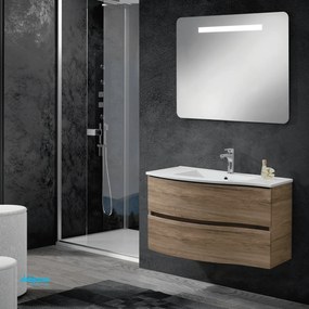 Mobile Bagno Sospeso "Vesuvio" Da 90 Cm Con Due Cassetti Lavabo E Specchio C/Barra Led