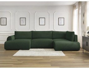 Divano angolare in verde scuro allungabile (con penisola a sinistra/a forma di "U") con rivestimento in velluto a coste Lucien – Bobochic Paris
