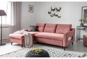 Divano letto angolare in velluto rosa, angolo sinistro Stylish Stan - Miuform