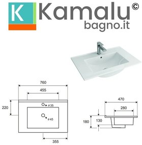 Kamalu - mobile bagno 75 cm lavabo incasso e due cassetti nel-75