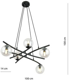 Lampadario Moderno Cadmo Acciaio Nero Trasarente 5 Luci E14 Ip20