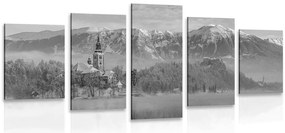 Quadri 5 pezzi – Chiesa sul lago di Bled in Slovenia in bianco e nero