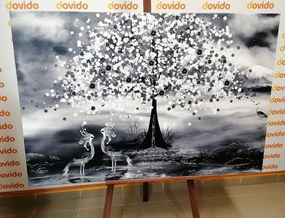 Quadro su tela – Aironi sotto un albero magico in bianco e nero