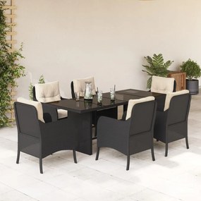 Set da pranzo da giardino 7 pz nero con cuscini in polyrattan