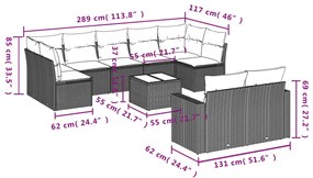 Set Divani da Giardino 10pz con Cuscini in Polyrattan Nero