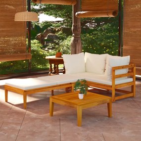 Set Divani Giardino 3 pz Cuscini Bianco Crema in Legno d'Acacia