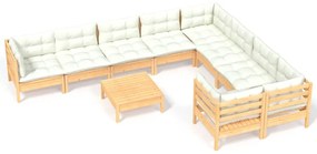 Set divani da giardino 10 pz con cuscini crema massello di pino